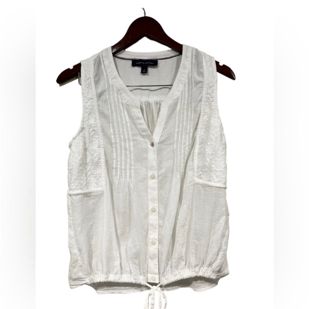 Tommy Hilfiger Sleeveless White Boho V Neck Tank Top Blouse Beach Coastal Vibes